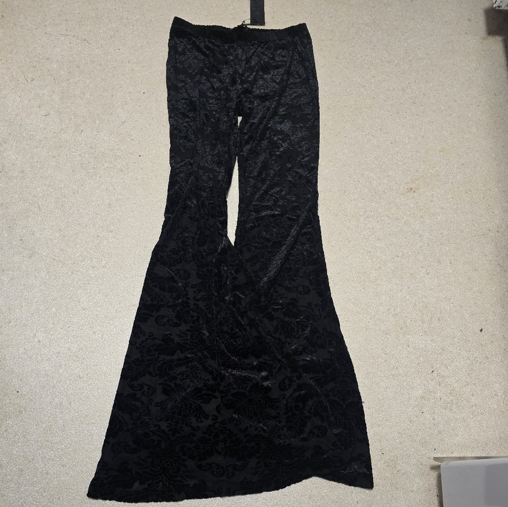 Dolls Kill- Widow- Black- Brocade Print Velvet Bell Bottom Pants- Sz Large